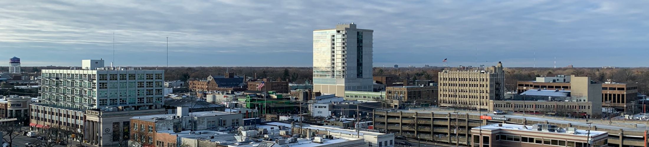 Aerial view of Downtown Royal Oak showing a bustling cityscape.