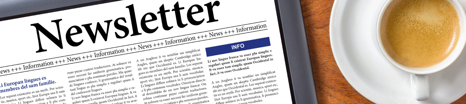 A digital newsletter displayed on a tablet, featuring a bold headline "Newsletter" at the top.