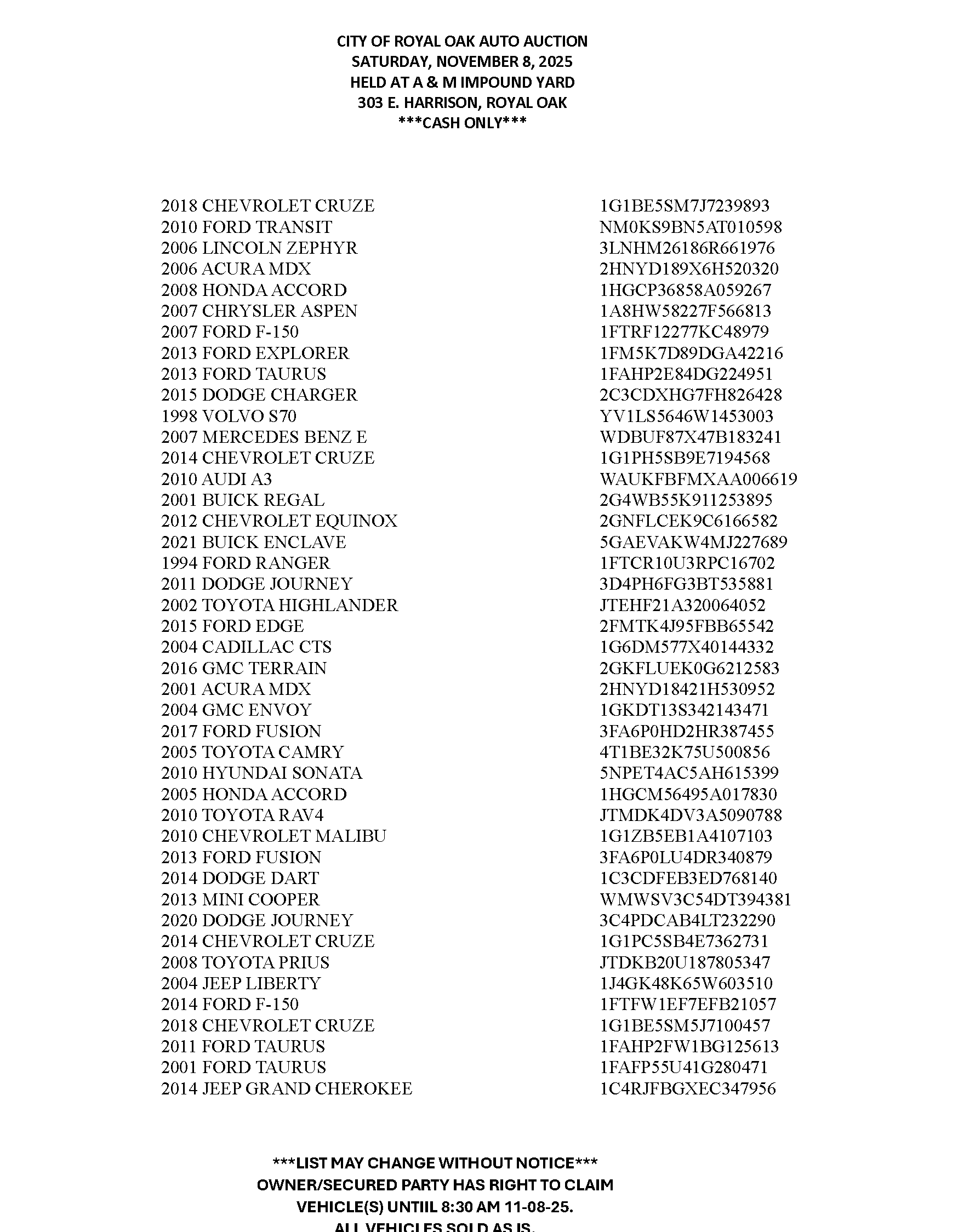 CITY OF ROYAL OAK AUTO AUCTION LIST Aug 2 2025